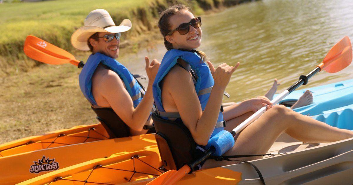 Couple in a tandem kayak at Hidden Cove on Lewisville Lake